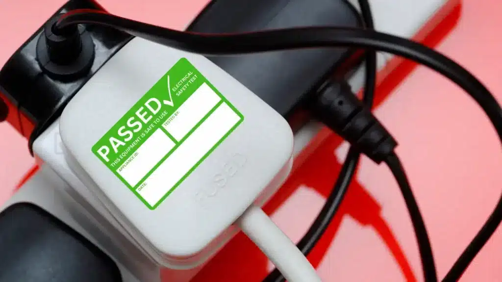 Plugs in an extension lead, with one displaying the Green PAT Test Passed sticker