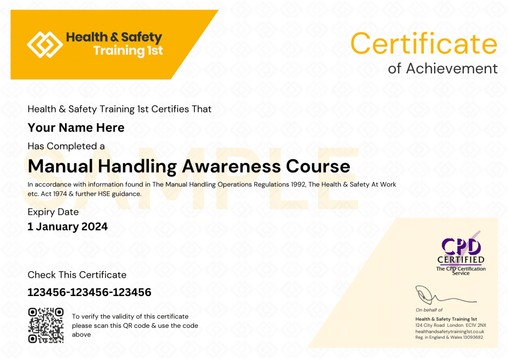 sAMPLE Manual Handling Awareness cERTIFICATE