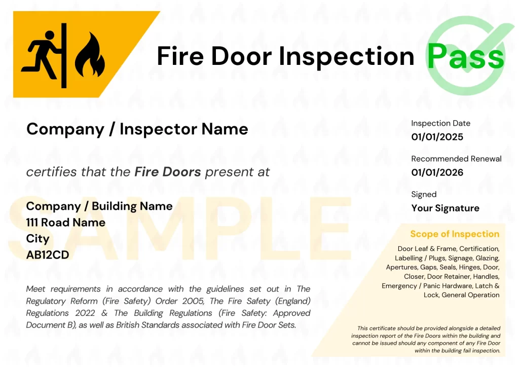 Sample fire door inspection certificate