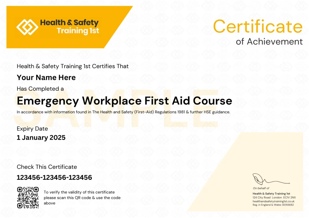Certified first aid training certificate