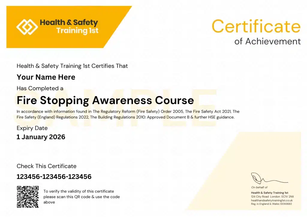 Sample Fire Stopping Installation Pass Certificate