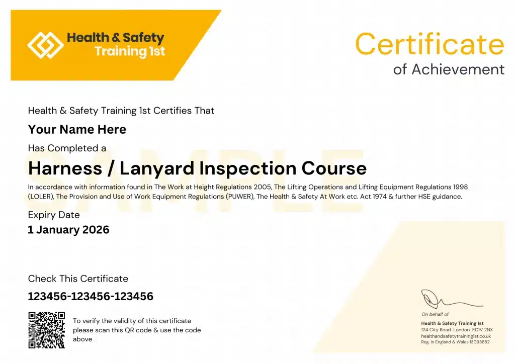 Sample Harness & Lanyard Inspection Certificate