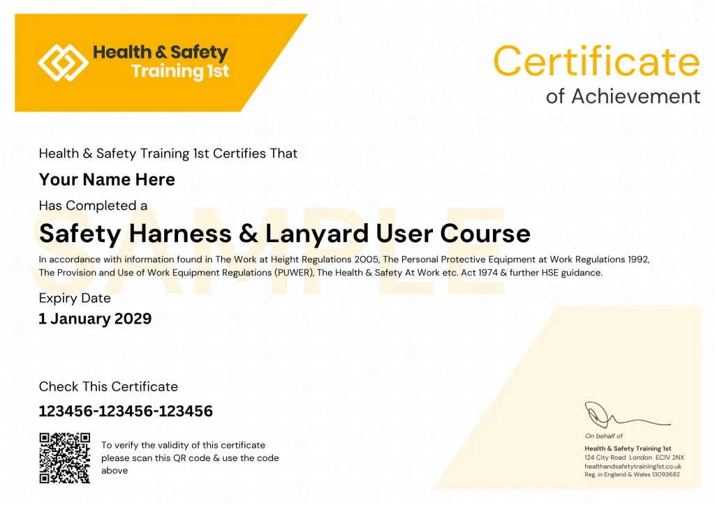 Sample Harness & Lanyard Inspection Certificate