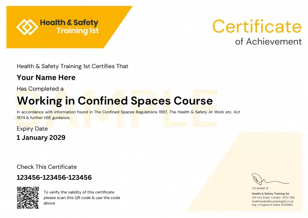 Working In Confined Spaces Sample Certificate